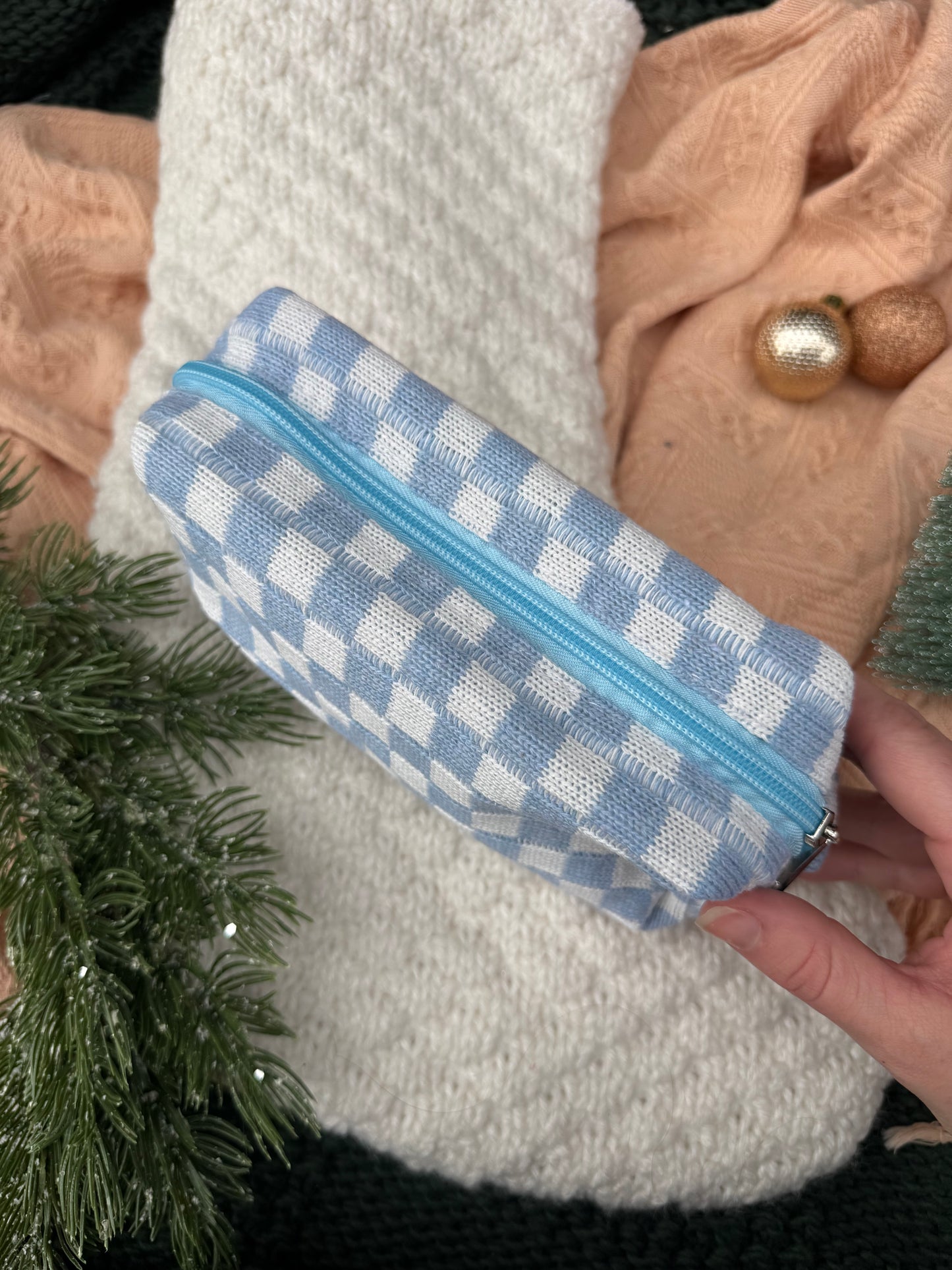 Blue Checker Makeup Bag