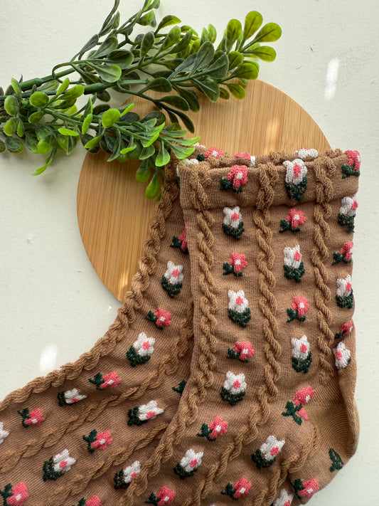 Tan Floral Socks