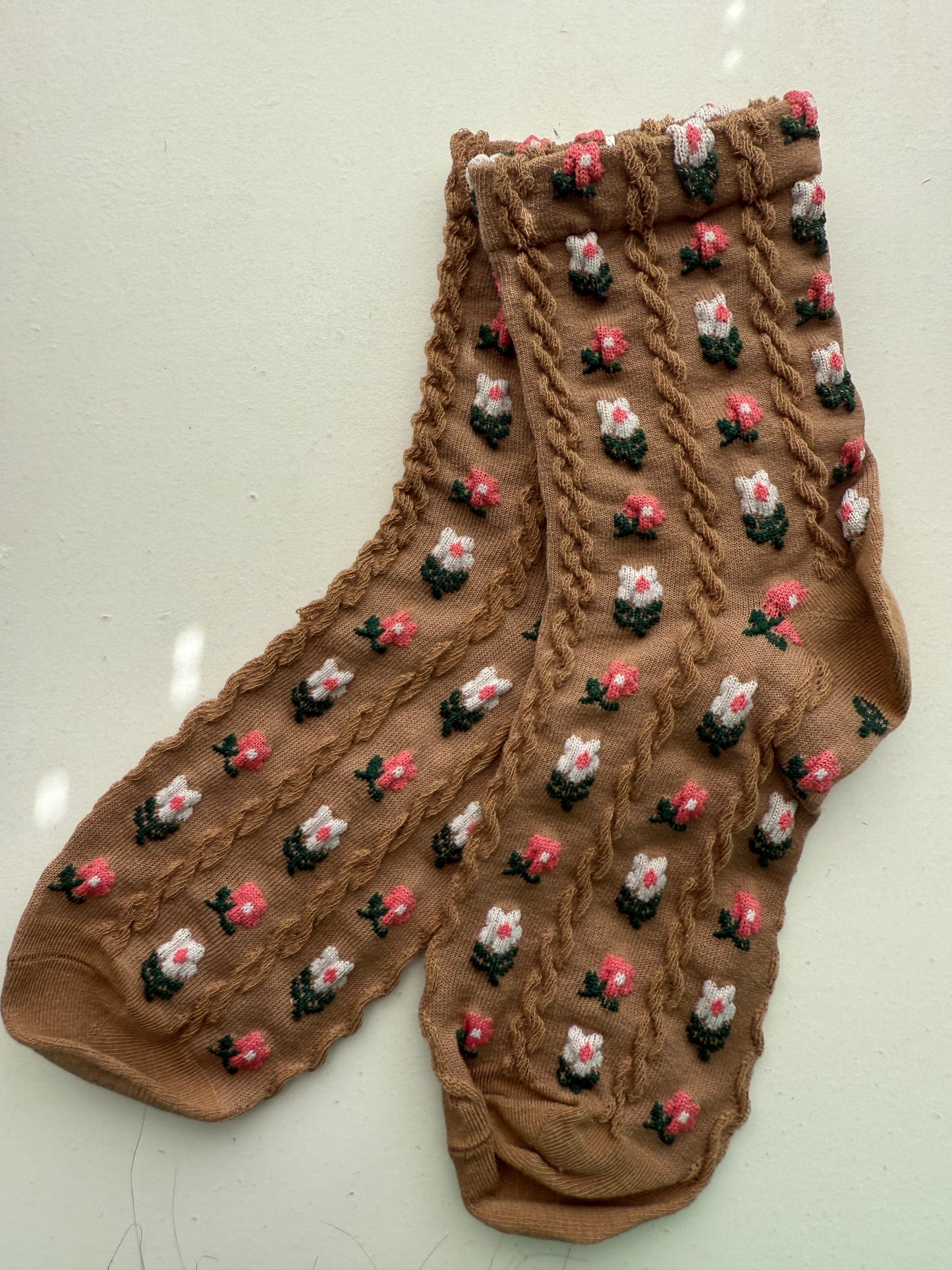 Tan Floral Socks