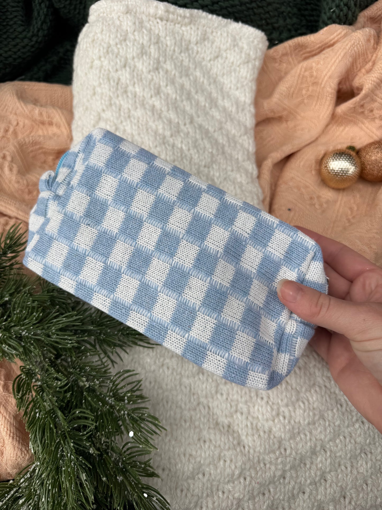 Blue Checker Makeup Bag